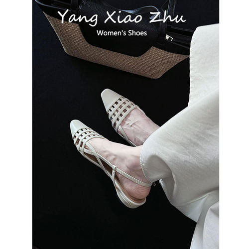 羊皮版~法式编织镂空包头凉鞋女