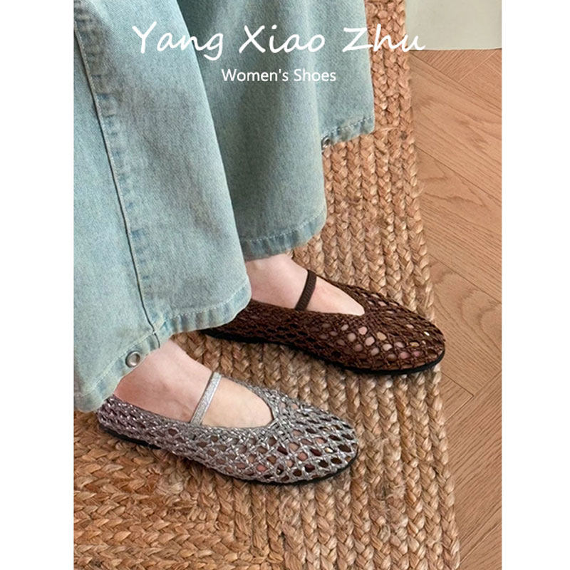 真皮平底手工南法编织银色渔网鞋图片