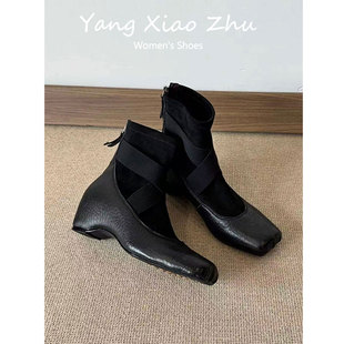 牛皮版~复古方头交叉带弹力袜靴女2025新款内增高百搭瘦瘦靴短靴