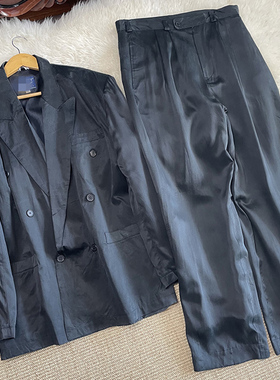 真丝西服素绉缎丝绸缎面亮面西装长袖桑蚕丝套装男帅气阔腿西裤潮
