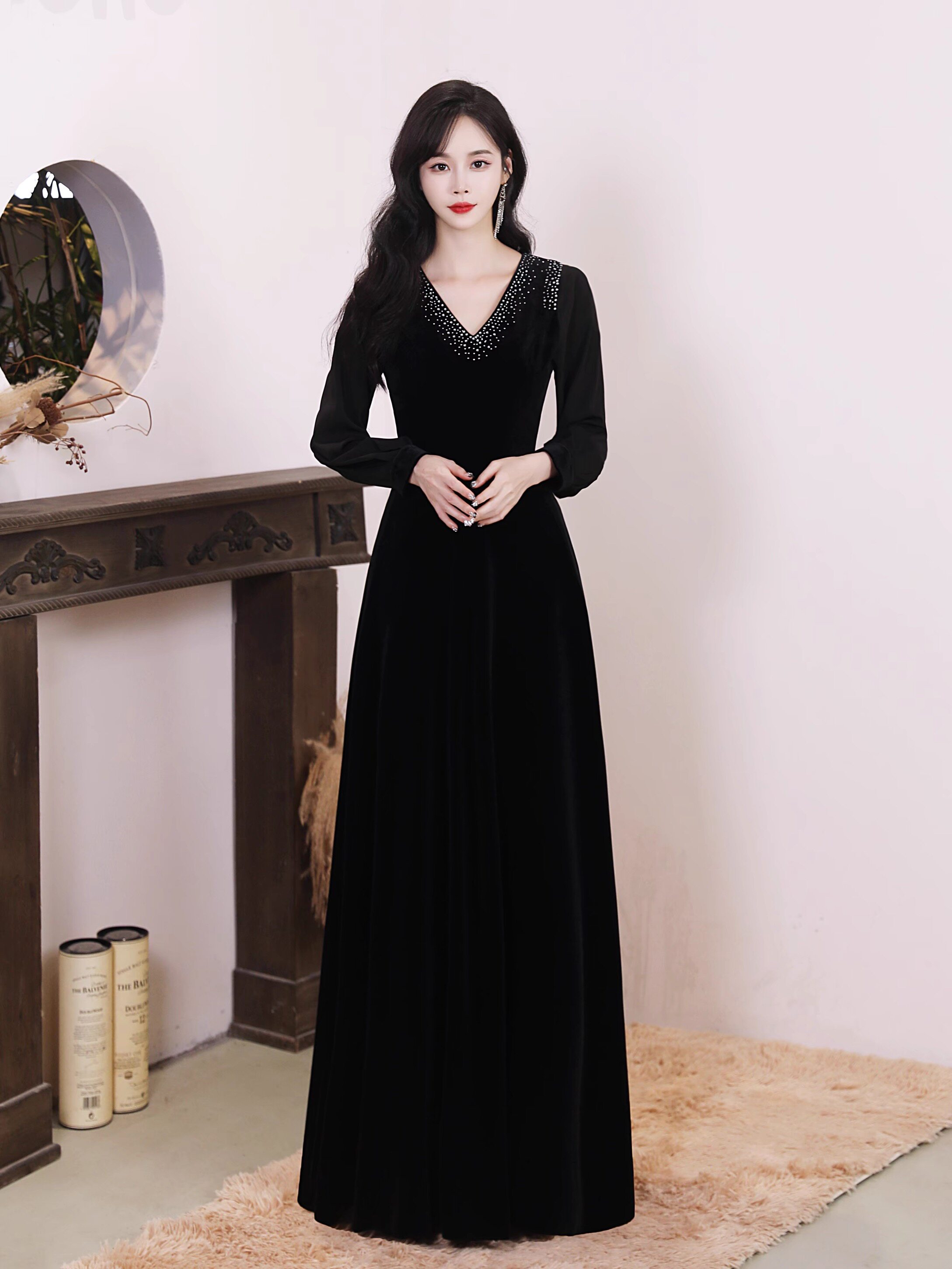 大合唱团演出服v领长袖指挥女长裙艺考钢琴演奏主持人年会晚礼服