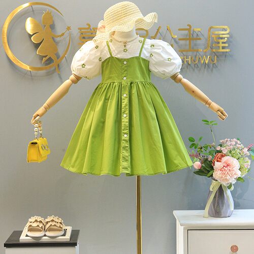 女童纯棉假两件拼接洋气公主裙