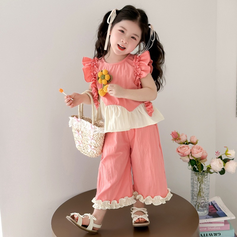 女童可爱休闲夏季套装2025新款小女孩洋气飞袖花边上衣长裤两件套