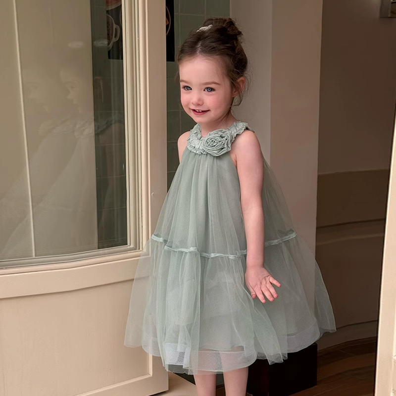 女童韩版高端时髦连衣裙夏季新款女宝宝洋气无袖网纱裙蓬蓬公主裙