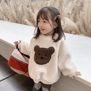 儿童羊羔毛圆领套头卫衣2024冬款韩版宽松女童加绒加厚上衣宝宝潮