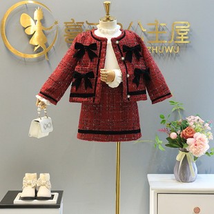 儿童喜庆加厚休闲套装2024冬款女童宝宝小香风外套半身短裙两件套