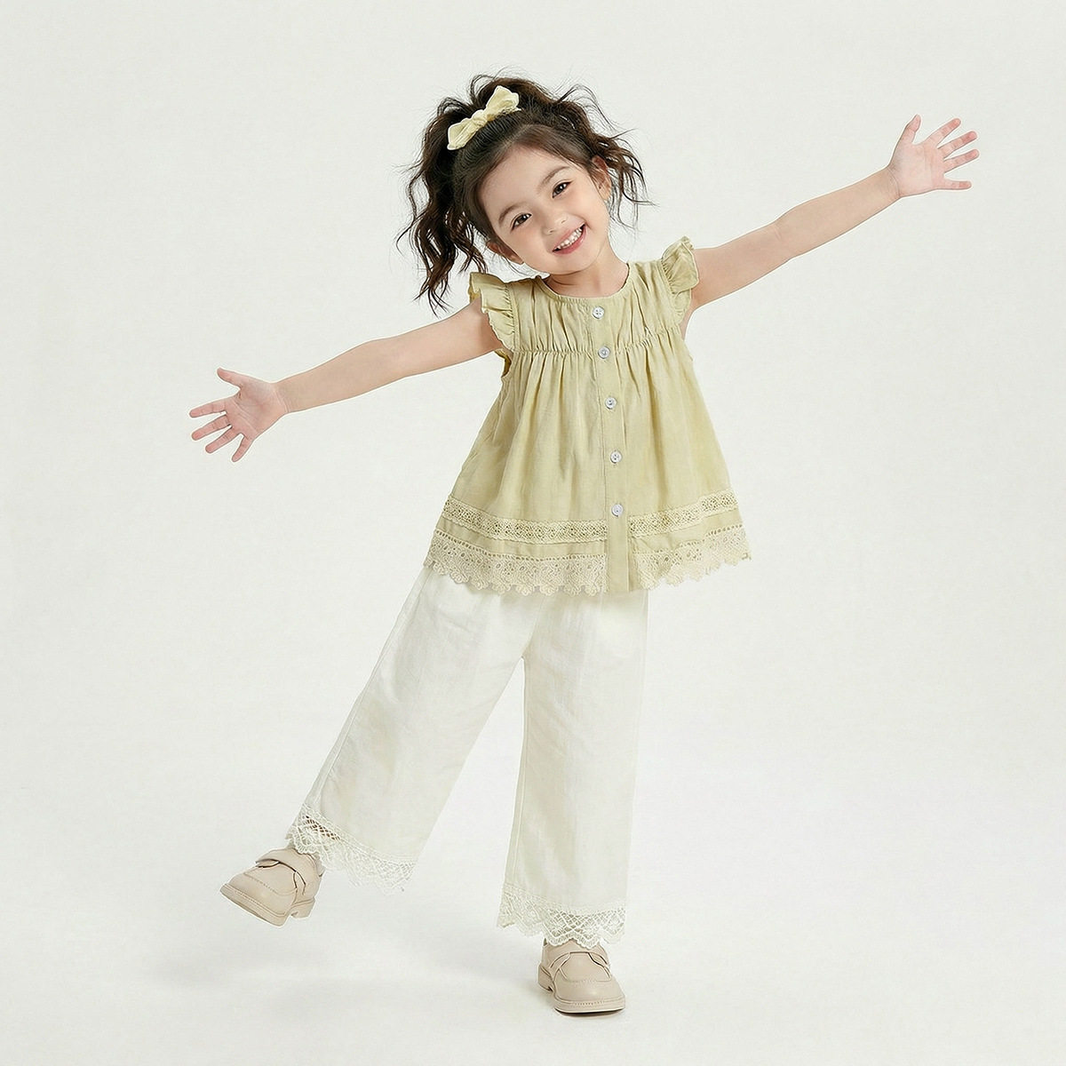 女童拼接纯棉套装夏季新款女宝宝小清新蕾丝花边韩版阔腿裤两件套