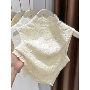 高端磨毛蕾丝打底衫秋冬半高领爱心假领子百搭女高档内搭短款背心