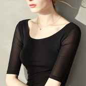 紧身打底衫 内搭短袖 女薄款 网纱中袖 夏装 2020新款 黑色t恤半袖 上衣