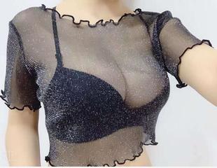 上衣薄 纱衣2019亮丝透视木耳边蕾丝内搭短款 半截网纱打底衫 女短袖