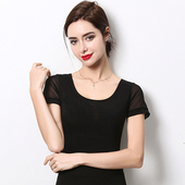 2020夏季 女百搭显瘦t恤纯色纱衣 网纱上衣圆领黑色打底衫 新款 短袖