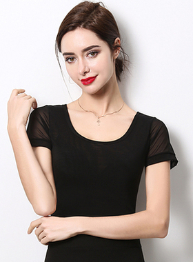 2020夏季新款短袖网纱上衣圆领黑色打底衫女百搭显瘦t恤纯色纱衣