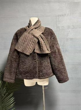镜服饰冬季韩版仿羊羔毛短外套女宽松显瘦配围巾毛毛外套19910