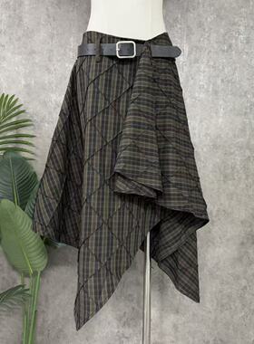 镜服饰2026夏季复古格纹不规则半身裙女高腰显瘦A字裙中长裙3026