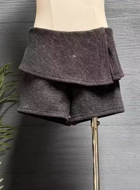 镜服饰2025冬季毛呢休闲短裤女冬修身显瘦低腰开叉加绒裤子20094