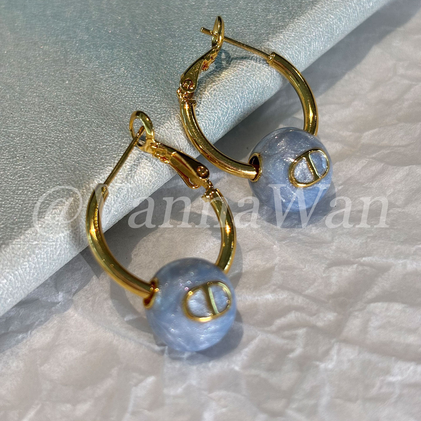 VanWan限定蓝！简约蓝球珐琅CD字母耳环26ss两戴小众设计感耳饰