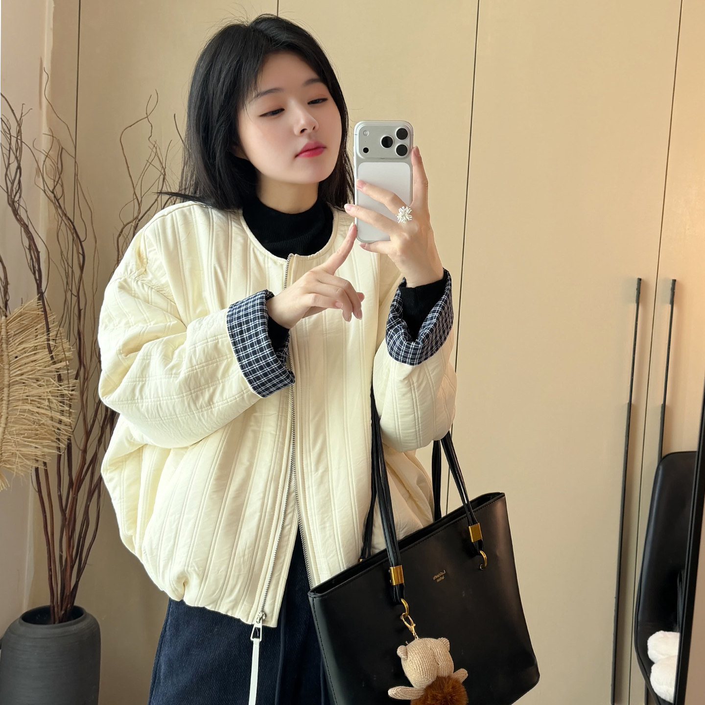 韩系格子拼接棉服棒球服外套女冬季2025新款小个子休闲夹克上衣