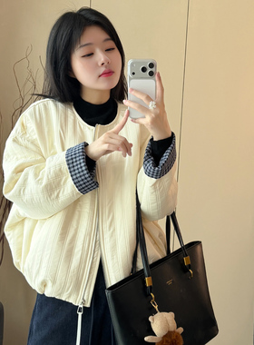 韩系格子拼接棉服棒球服外套女冬季2025新款小个子休闲夹克上衣