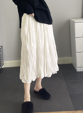 高级感白色春秋小a半身裙女 松紧腰高腰显瘦褶皱直筒中长裙仙女裙