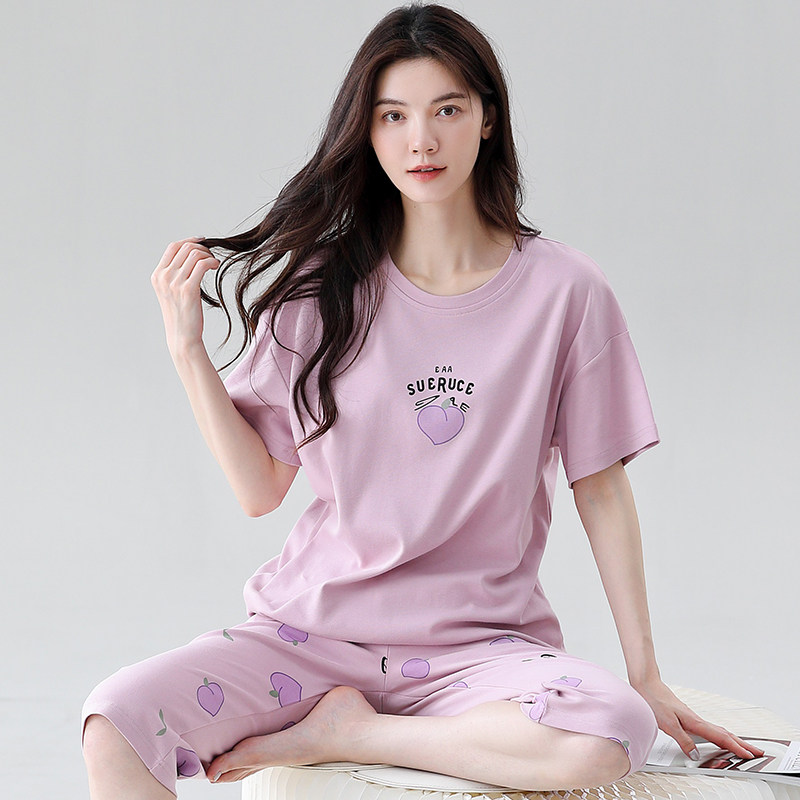 凉爽夏季薄款纯棉睡衣女士短袖七分裤爽棉甜美韩版夏天家居服套装