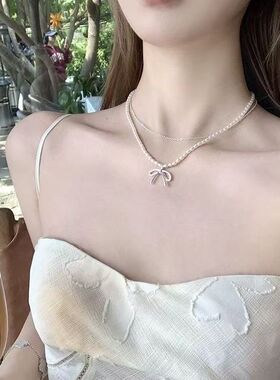 韩系新款双层蝴蝶结项链女小众设计感轻奢高级百搭锁骨链