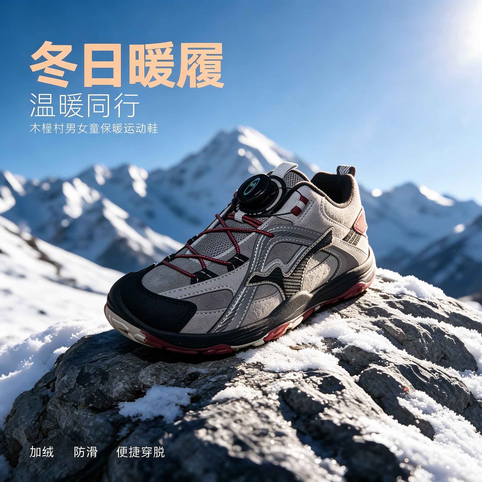 木橦村儿童运动鞋冬季加绒二棉保暖防滑科技扣防水登山鞋男女童