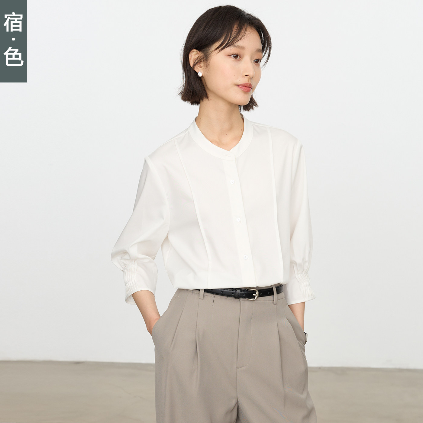 宿·色白色衬衫女立领正装七分袖宽松职业装面试工作服通勤衬衣