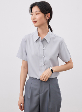 宿·色蓝色衬衫女短袖夏季新中式设计感职业通勤工作服正肩衬衣