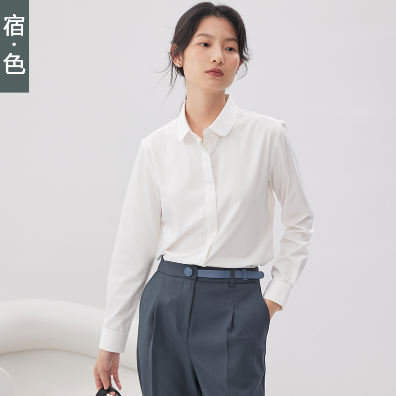 宿·色白衬衫女长袖早秋新款职业上衣娃娃领工作服公务员面试衬衣