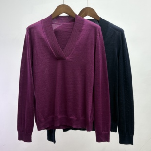 纯色简约休闲风V领针织衫 毛衣套头潮 女式 超细美丽诺羊毛春秋薄款