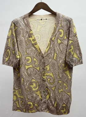 高端尾货棉混纺夏季薄款女装宽松大码简约时尚风短袖外搭印花开衫