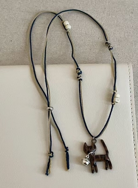 萌趣可爱豹纹铃铛猫咪抽拉编绳项链复古新中式简约时尚颈链毛衣链