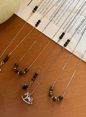 钛钢天然石毛衣链本命年小马吊坠双层项链复古时尚精致百搭配饰女