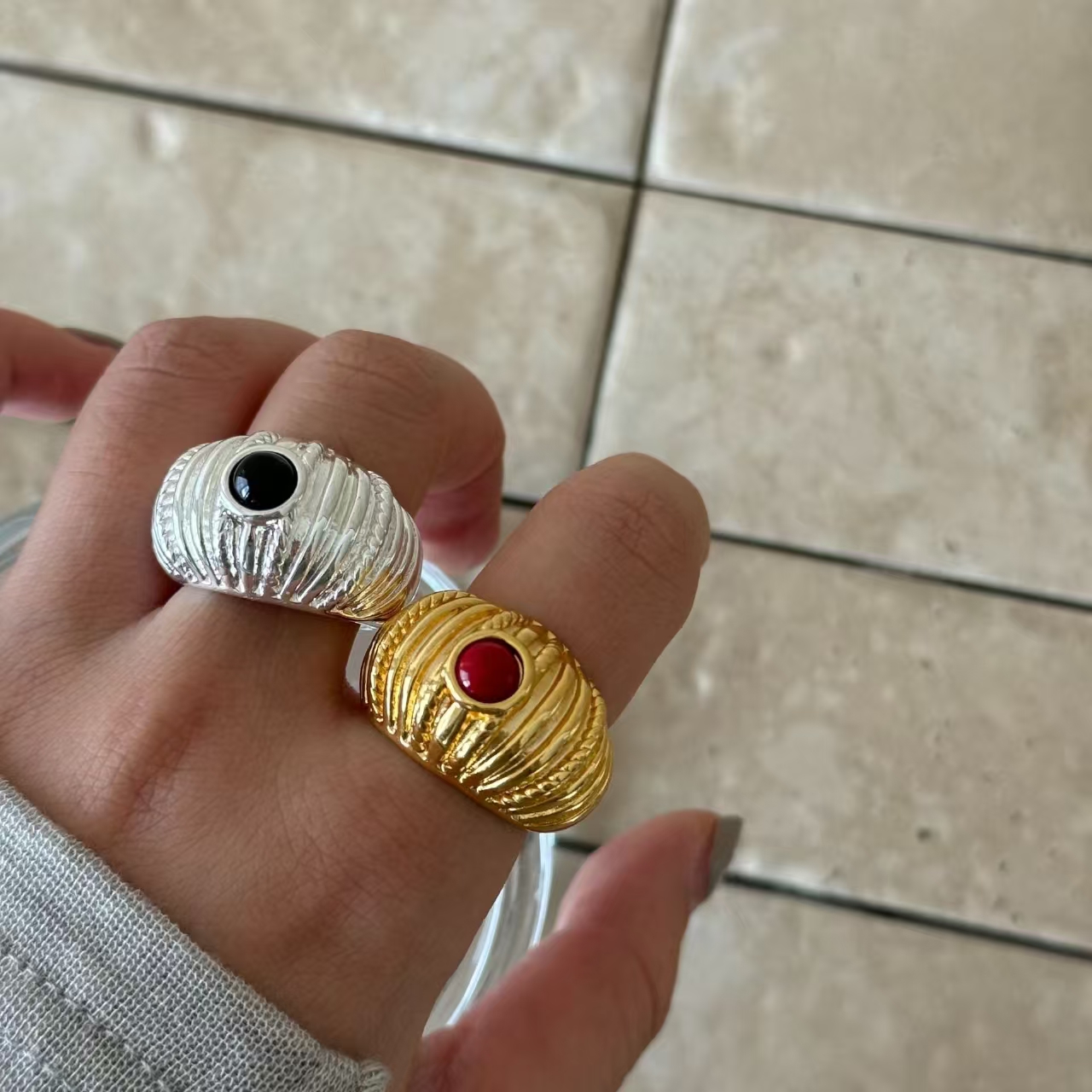 个性别致南瓜纹天然石戒指欧美重工设计冷淡中古vintage指环女