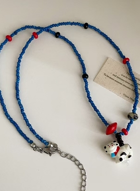 卡通萌趣奶牛吊坠蓝色串珠项链甜美可爱清新潮流时尚百搭锁骨链女