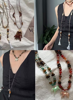 复古风斑马流苏蜡绳项链时尚百搭串珠项链个性小众设计款长项链女