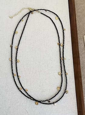 金色圆片流苏黑水晶串珠项链女一款两戴个性独特时尚颈链毛衣链