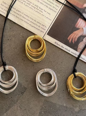 甜酷欧美黑色蜡线多层编织圆形吊坠项链戒指个性冷淡风时尚饰品女