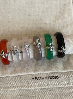 复古彩色天然石简约高级感戒指欧美轻奢时尚简约百搭素圈指环戒