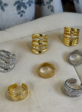 欧美时尚金菱格多层开口锆石戒指女个性冷淡风百搭时尚轻奢指环戒