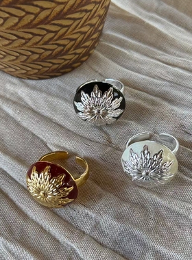 欧美金属感滴油雏菊印花圆形戒指法式复古简约气质高级感指环戒