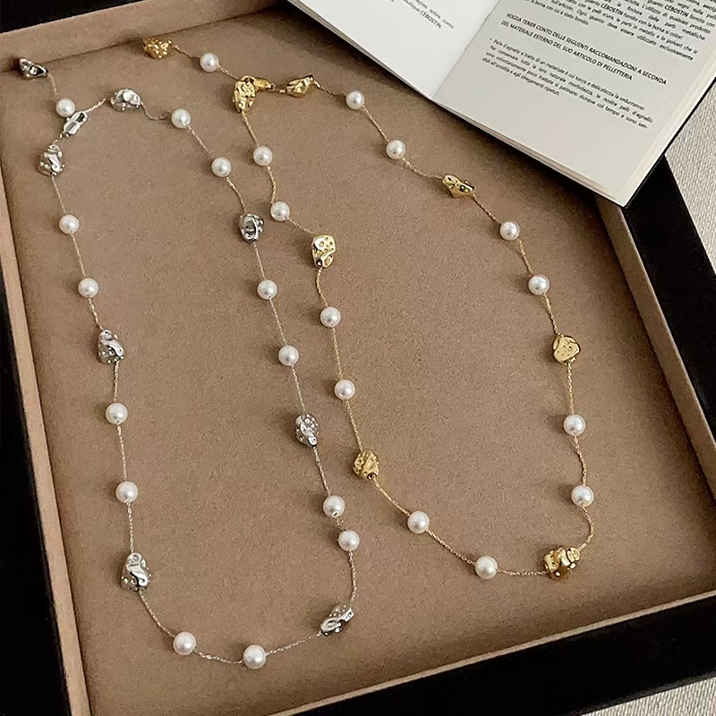 轻奢不规则金属豆子珍珠项链女法式复古设计时尚潮流颈链毛衣链