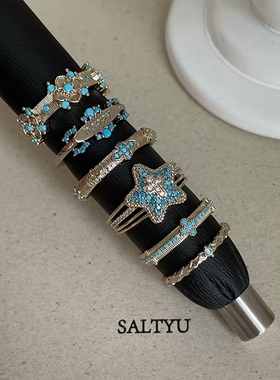 欧美时尚蓝绿锆石几何咖金色戒指女高级感轻奢精致百搭小众指环戒