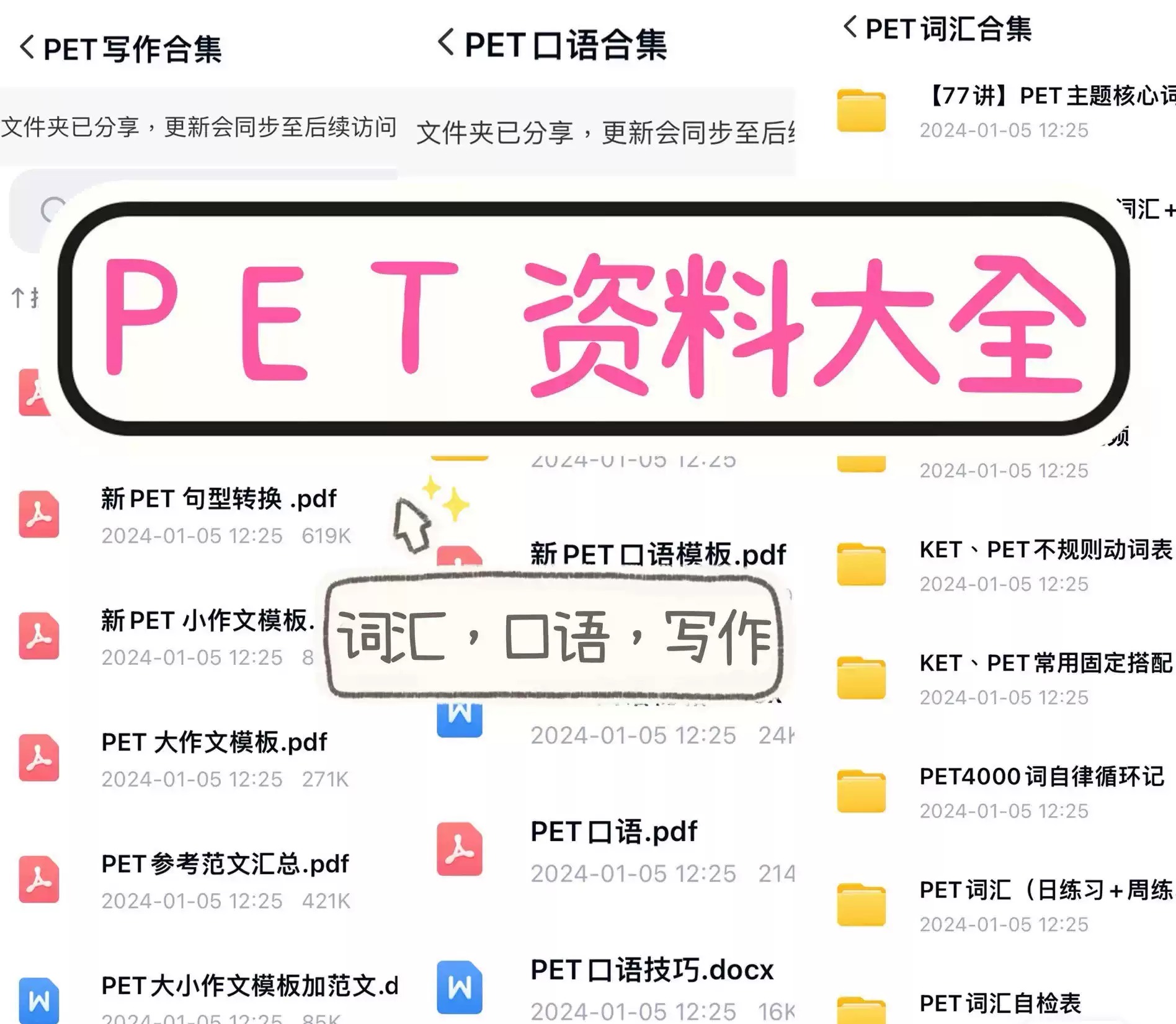 PET汇总含写作口语技巧词汇作文模板固定搭配等少儿青少年英语