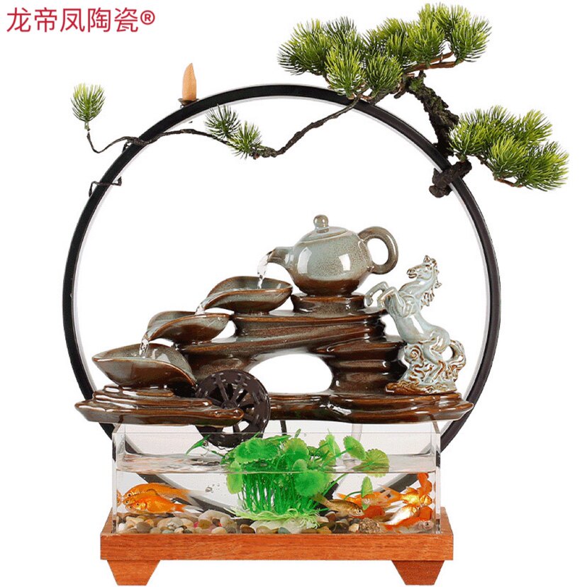 八年老店新品冲量新中式创意玻璃鱼缸招财流水摆件时来运转玄关