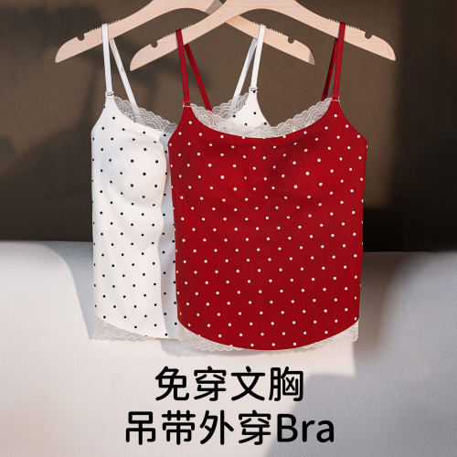 纯欲波点蕾丝保暖吊带背心带胸垫