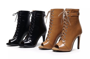 2023Yaoy新款高帮绑带皮质欧美舞蹈爵士时尚女鞋夏驼色黑色鱼嘴