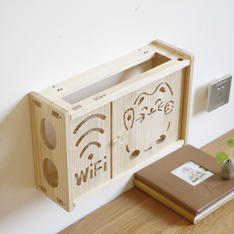挂墙遮挡实木免打孔路由器收纳架