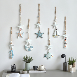 饰渔网背景装 饰海星小鱼串吊饰木制鱼窗帘装 饰海洋挂 地中海装 新品