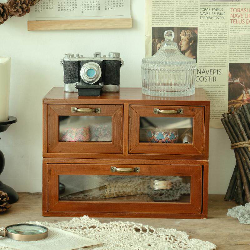 电脑显示器增高架办公室木质桌面收纳盒玻璃抽屉式化妆品木盒复古